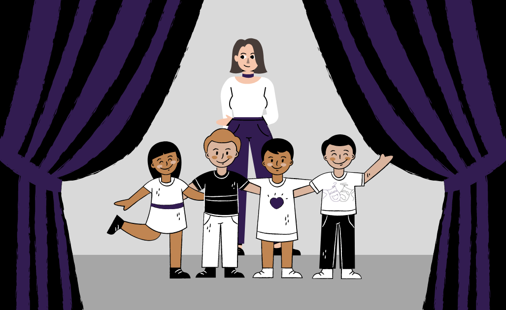 Director with kids on stage for You Can Write and Direct a Play for Your Students blog - homeschooldrama.com