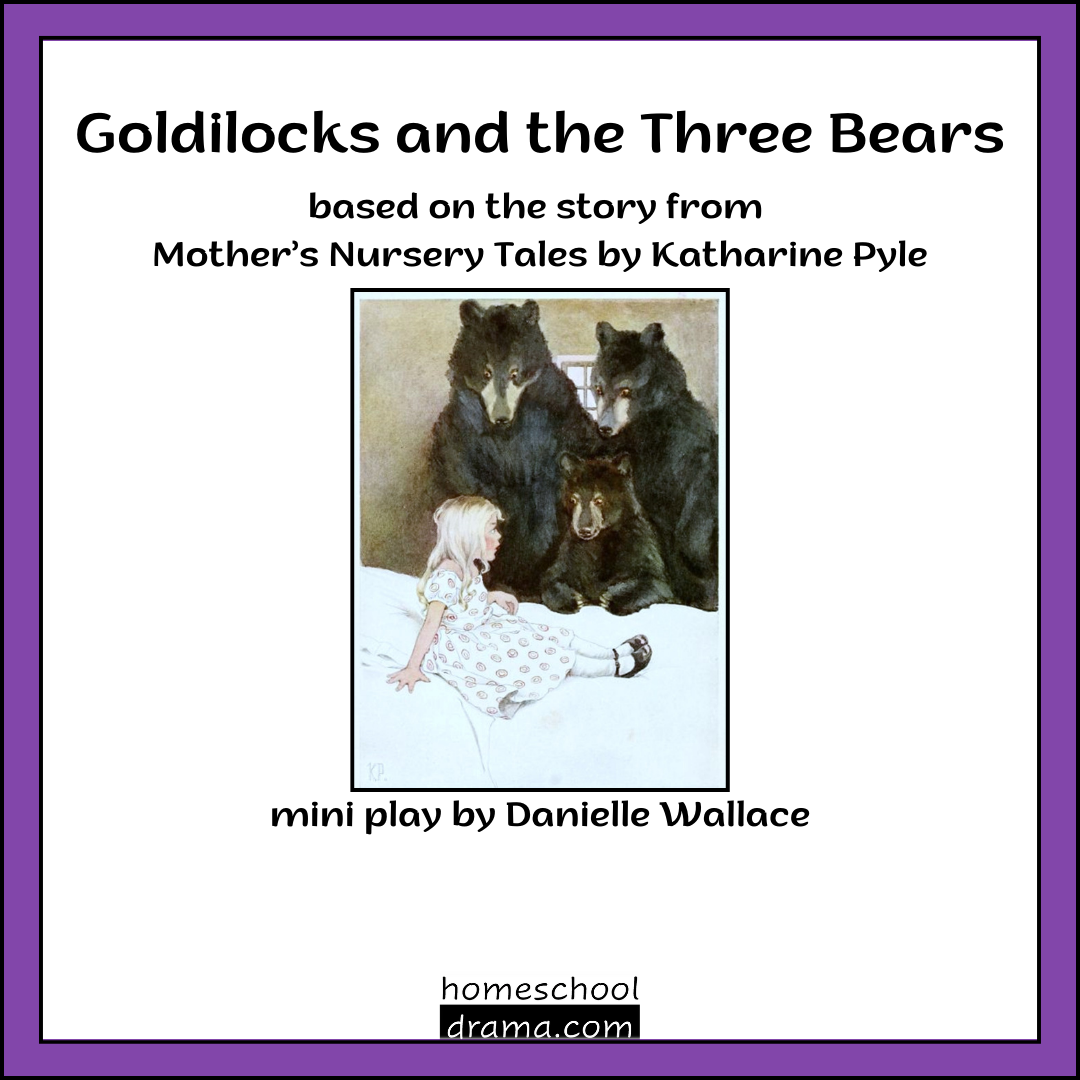 The three bears discover Goldilocks sleeping in baby bear's bead on the cover of Goldilocks and the Three Bears play script - homeschooldrama.com