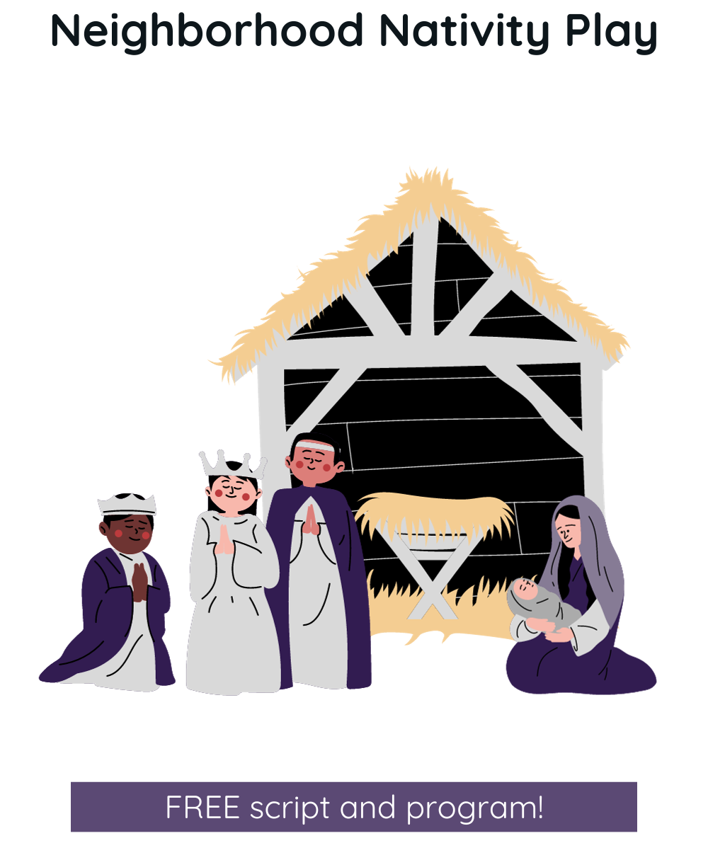 Mary holding baby Jesus in front of the manger with the 3 wisemen on the cover of Neighborhood Nativity Play script- homeschooldrama.com