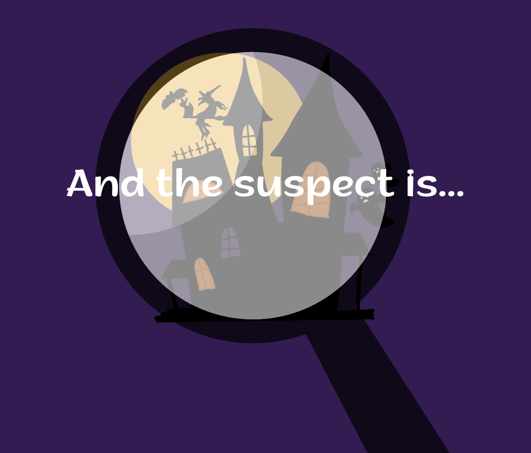 Magnifying glass zoomed in to a witch on a broomstick and scary house for Halloween Mystery Dinner Party blog - homeschooldrama.com