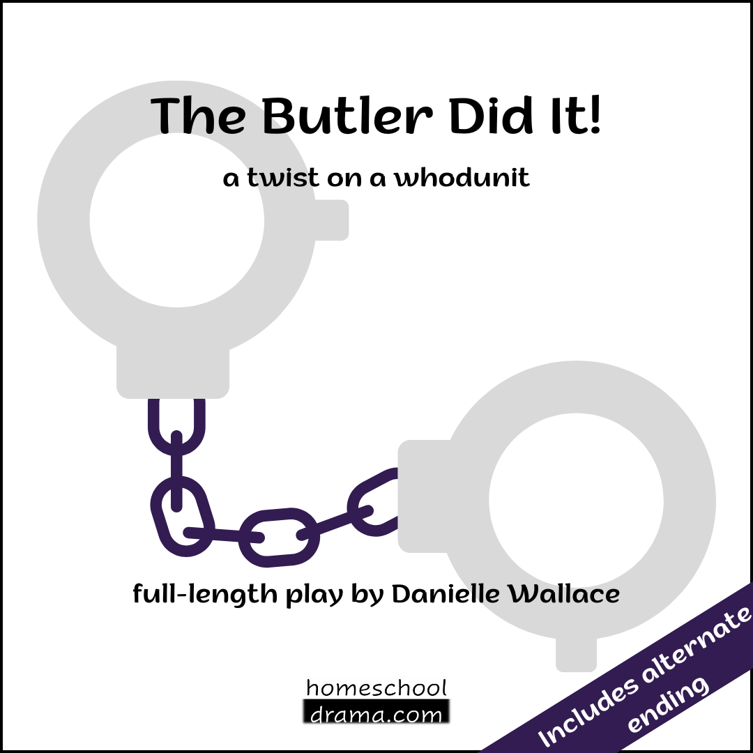 handcuffs on the cover of The Butler Did It! full-length mystery play script - homeschooldrama.com