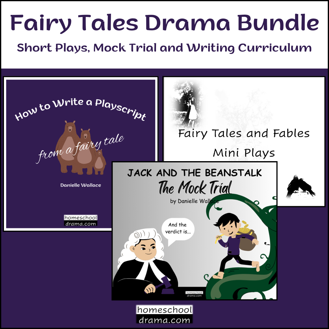 covers for How to Write a Playscript, Fairy Tales and Fables mini plays and Jack and the Beanstalk - The Mock Trial on homeschooldrama.com