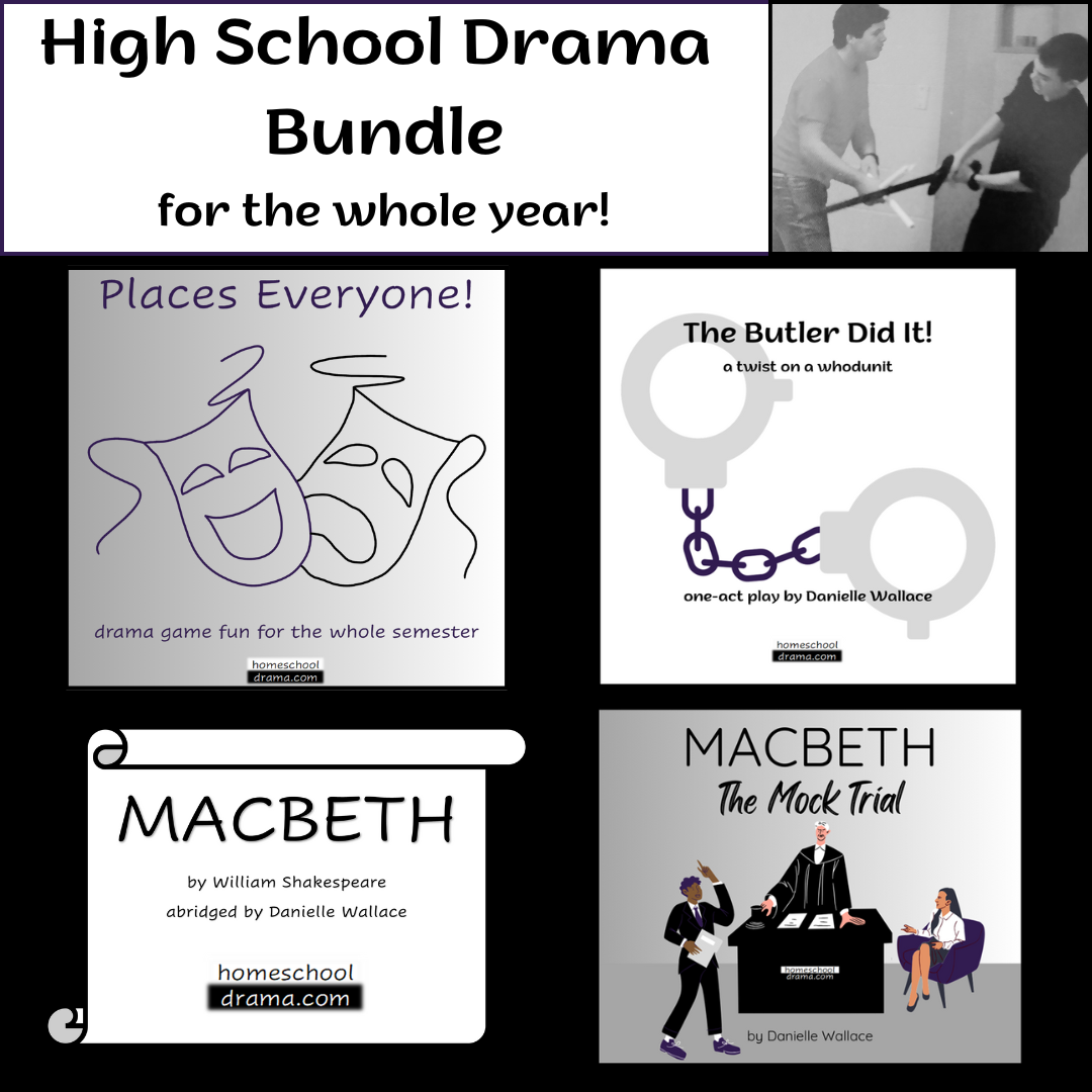 Covers of drama curriculum and play scripts in the High School Drama Bundle - homeschooldrama.com